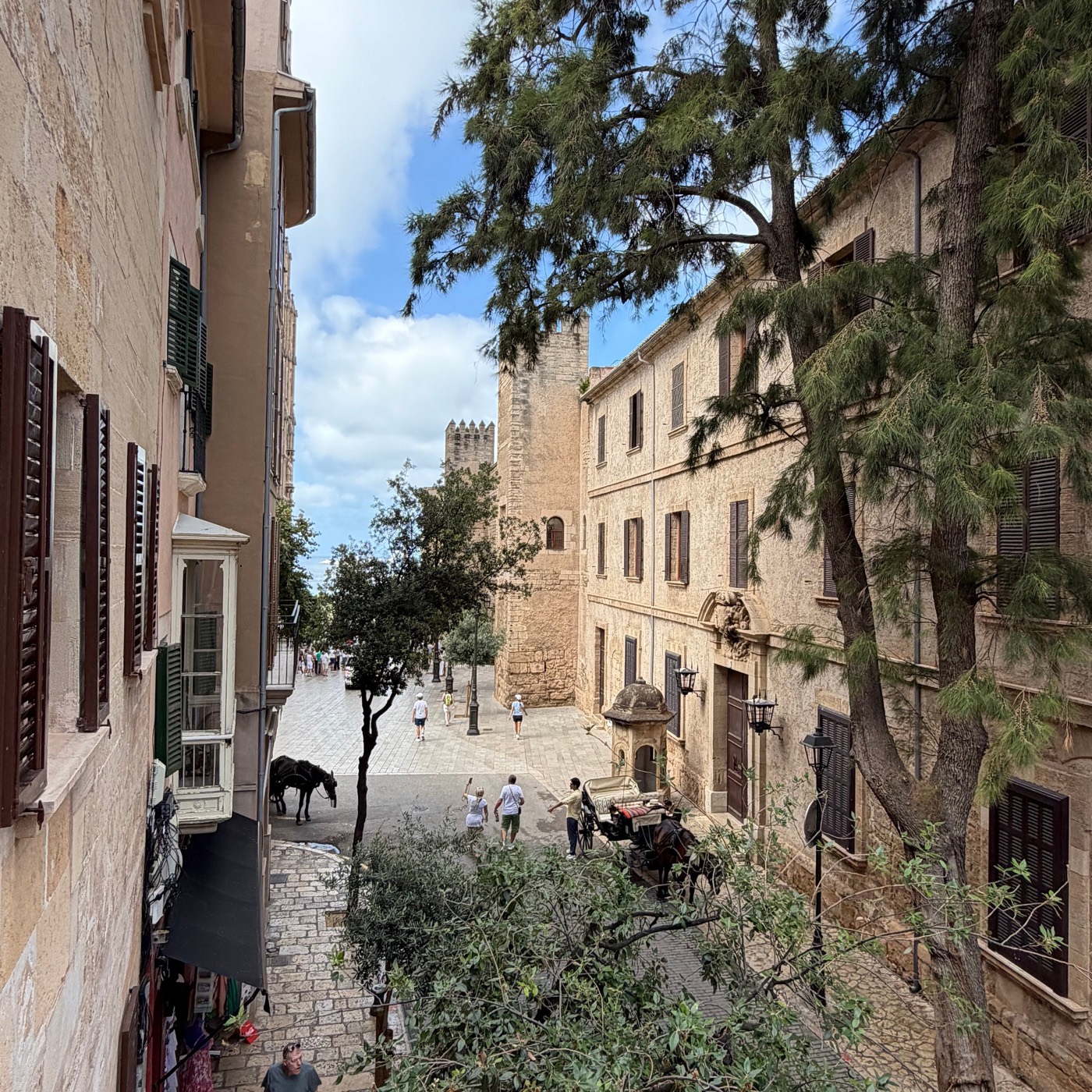 A narrow cobbled street of stone townhouses in Palma's old town outside the hotel